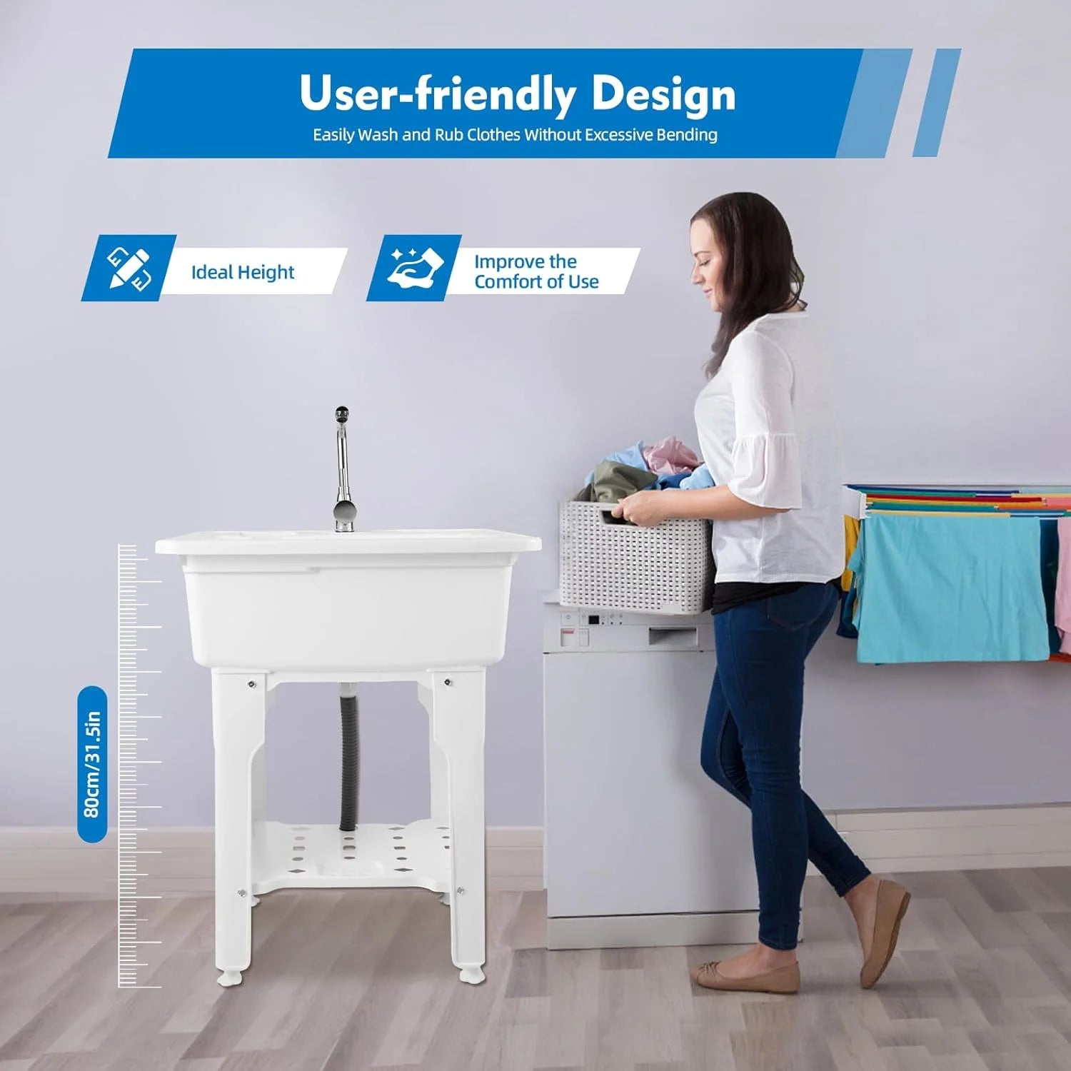 Utility Sink Laundry Tub,Freestanding Plastic Laundry Sink with Washboard, Slop Sink Garage Sink Portable Sink For Laundry Room, Garage, Bathroom, Kitchen (31.5in, White)