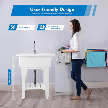 Utility Sink Laundry Tub,Freestanding Plastic Laundry Sink with Washboard, Slop Sink Garage Sink Portable Sink For Laundry Room, Garage, Bathroom, Kitchen (31.5in, White)