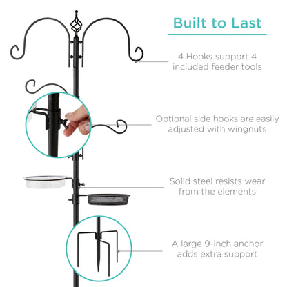 Best Choice Products 91in 4-Hook Bird Feeding Station, Steel Multi-Feeder Stand w/ 2 Feeders, Tray, Bird Bath - Black