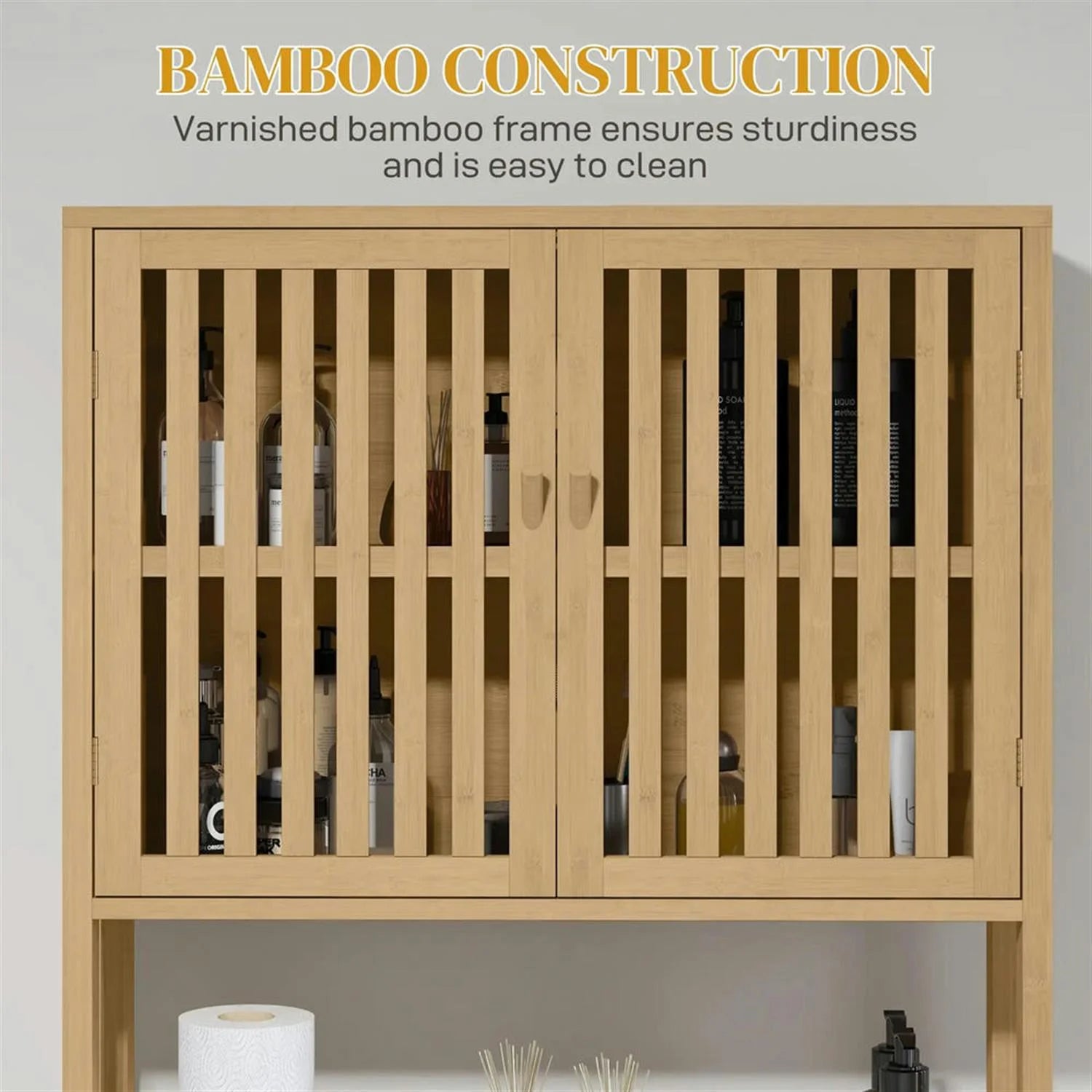 Finihen 67" Bamboo Over The Toilet Storage Cabinet with Adjustable Shelves, Bathroom Shelf Over Toilet Rack, Bathroom Storage Cabinet Organizer, Brown