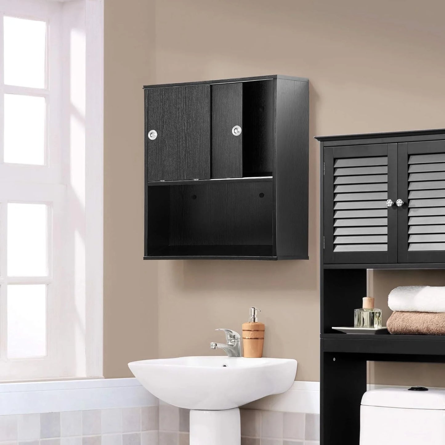 BarberPub Wall Mounted Bathroom Storage Cabinet with Sliding Door and Shelf, Salon Storage Equipment, 30"(H)x 23.6"(W), Black