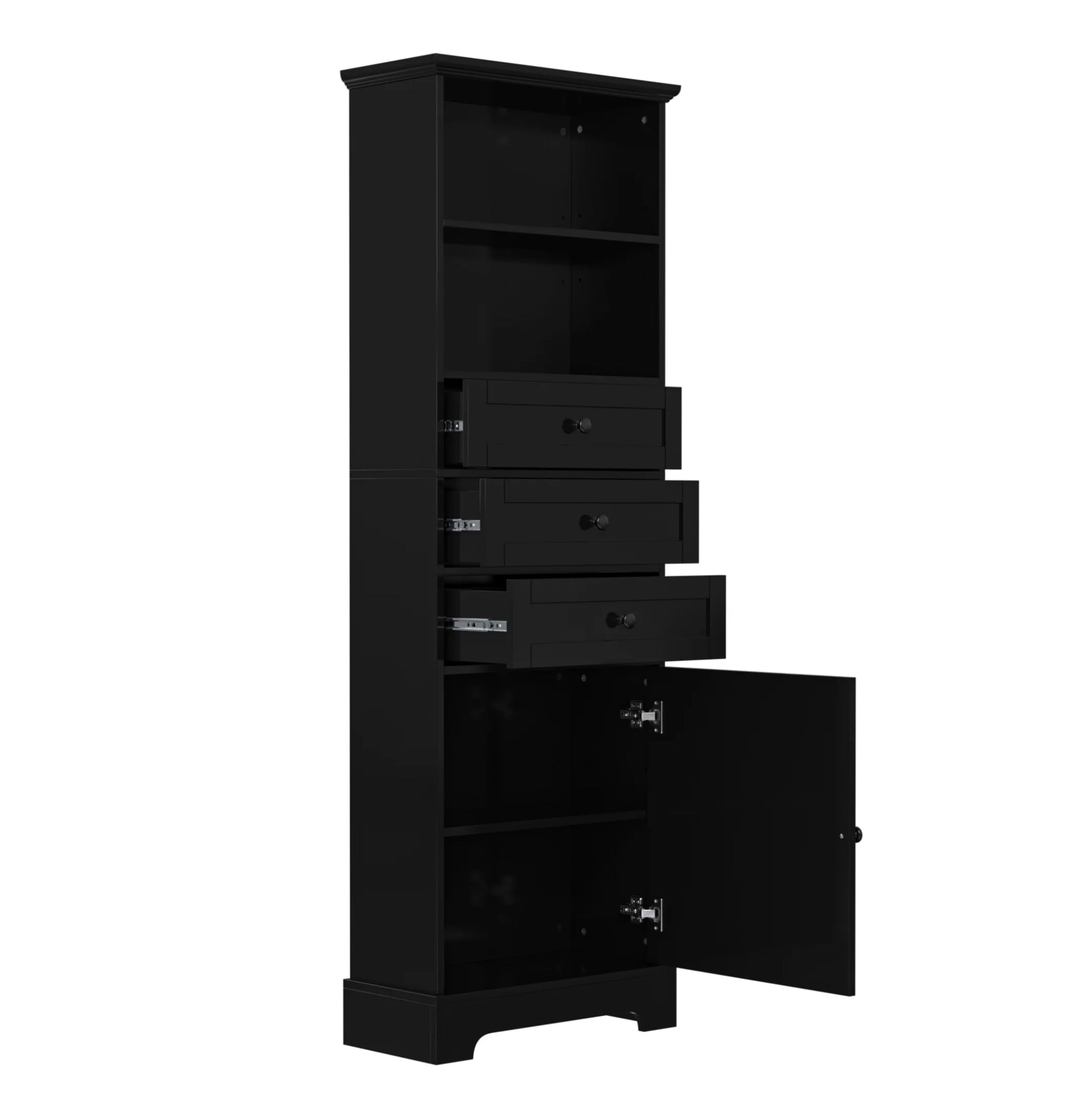 Black Tall Storage Cabinet with 3 Drawers and Adjustable Shelves for Bathroom, Study, Office and Interior, MDF Board with Painted Finish Black + MDF
