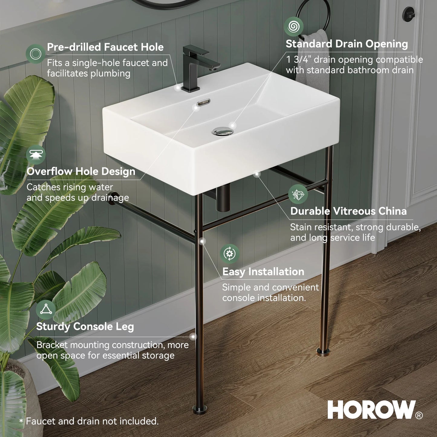 HOROW 24" Console Bathroom Sink,Free Standing 30 Inch Stainless Steel Support Pedestal Legs, Matte Black