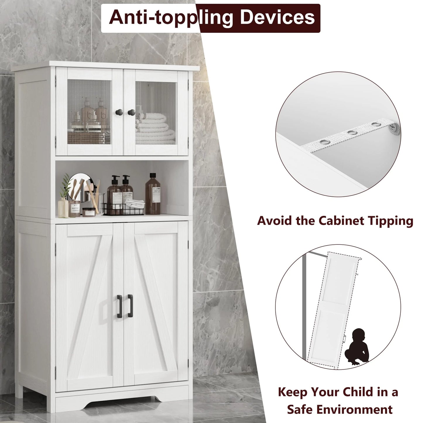 AOILE Farmhouse Bathroom Storage Cabinet with Glass Doors & Adjustable Shelves, Freestanding Kitchen Pantry Cabinet