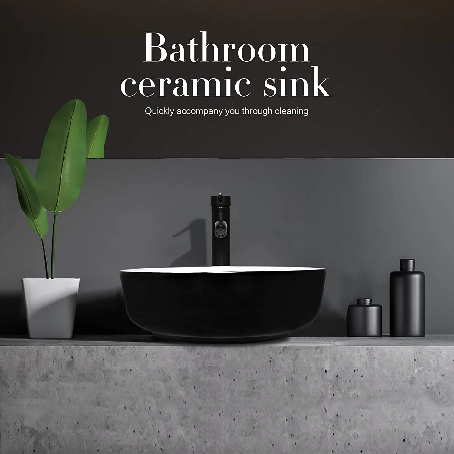 ELECWISH Black and White Ceramic Square Bathroom Sink Vessel Sink with Black Faucet and Pop up drain Combo, Round