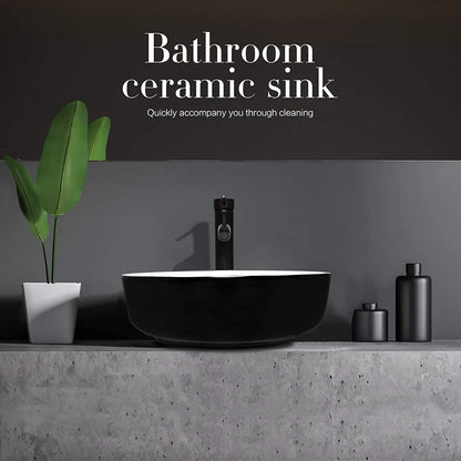 ELECWISH Black and White Ceramic Square Bathroom Sink Vessel Sink with Black Faucet and Pop up drain Combo, Round