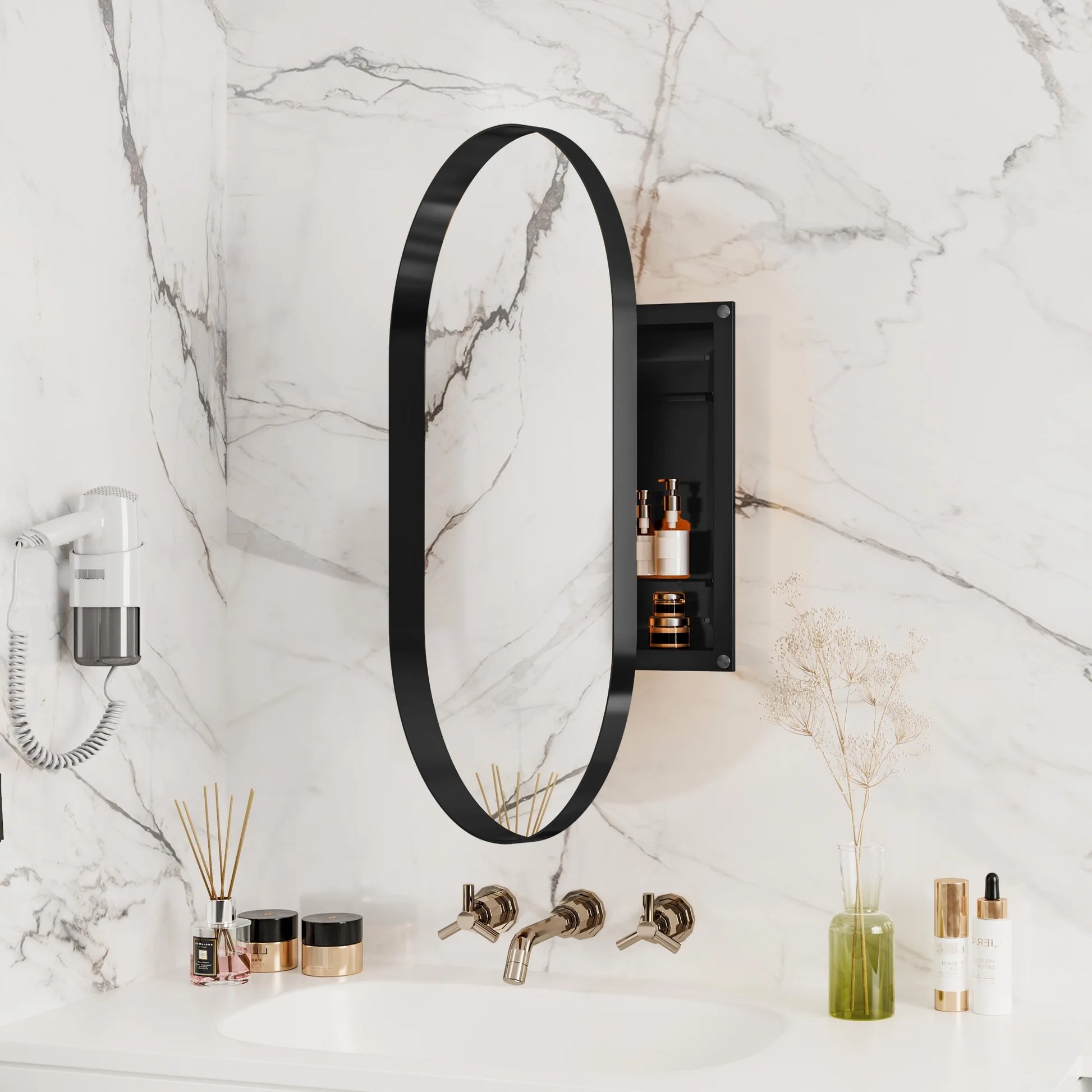 20x34 Inch Oval Recessed Bathroom Storage Cabinet, Matte Black Metal Frame, Mirror With Adjustable Shelves, Space Efficient Recessed, Versatile Functionality