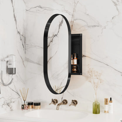 20x34 Inch Oval Recessed Bathroom Storage Cabinet, Matte Black Metal Frame, Mirror With Adjustable Shelves, Space Efficient Recessed, Versatile Functionality