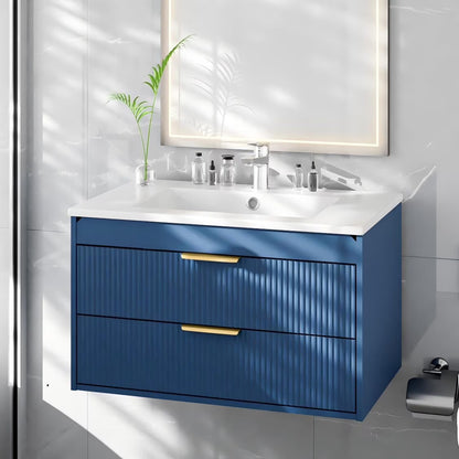 Advwin 30" Wall Mounted Bathroom Vanity with Ceramic Sink, Modern Floating Bathroom Storage Cabinet with Sensor Light & 2 Extra Large Drawers, White