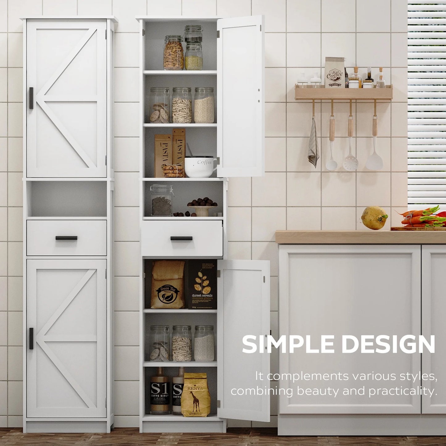PORKISS Floor Storage Cabinet, Wood Pantry Cabinet with Doors and Drawer, Freestanding Narrow Bathroom Storage Organizer with Adjustable Shelves for Kitchen, Bathroom, Living Room, White