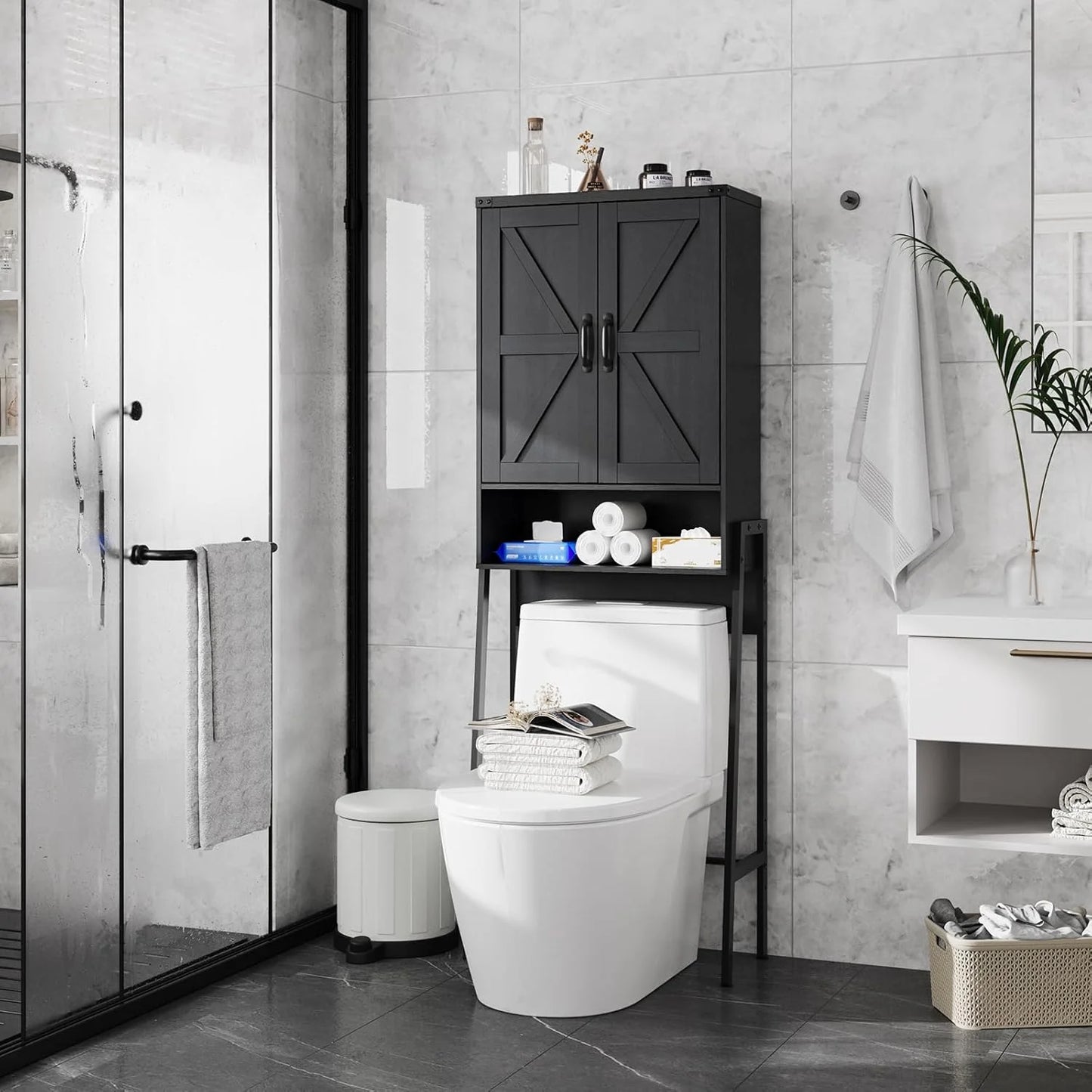 Vabches Over The Toilet Storage Cabinet, 68" H Farmhouse Freestanding Bathroom Storage Organizer with Double Doors & Storage Shelves