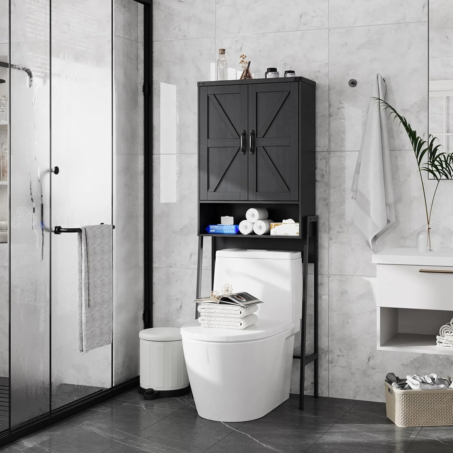 Vabches Over The Toilet Storage Cabinet, 68" H Farmhouse Freestanding Bathroom Storage Organizer with Double Doors & Storage Shelves
