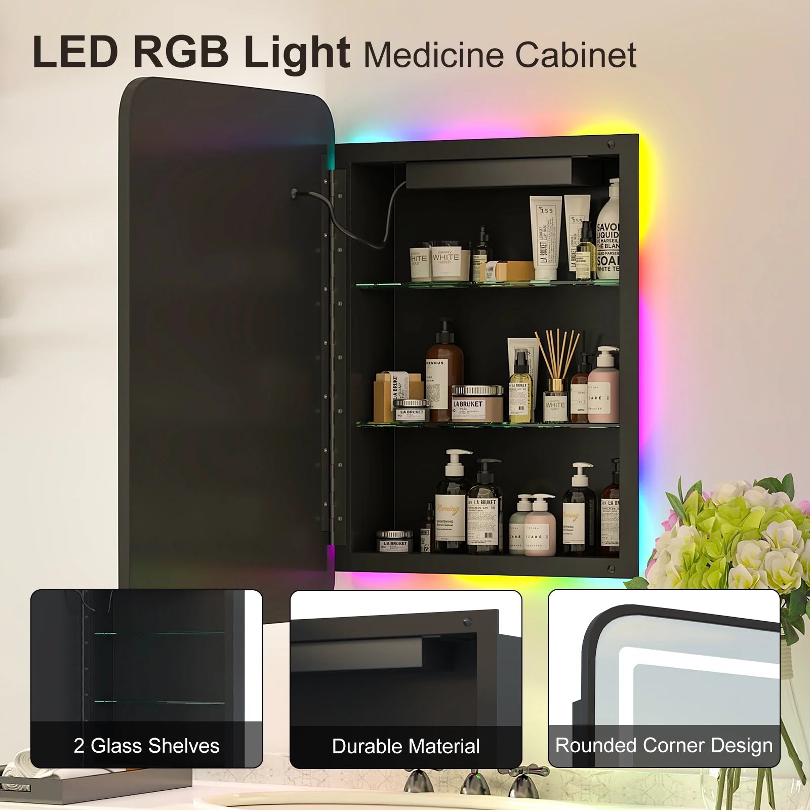 Hironpal Black Metal Framed Bathroom Mirror Medicine Cabinet Recess or Surface Mount Installation