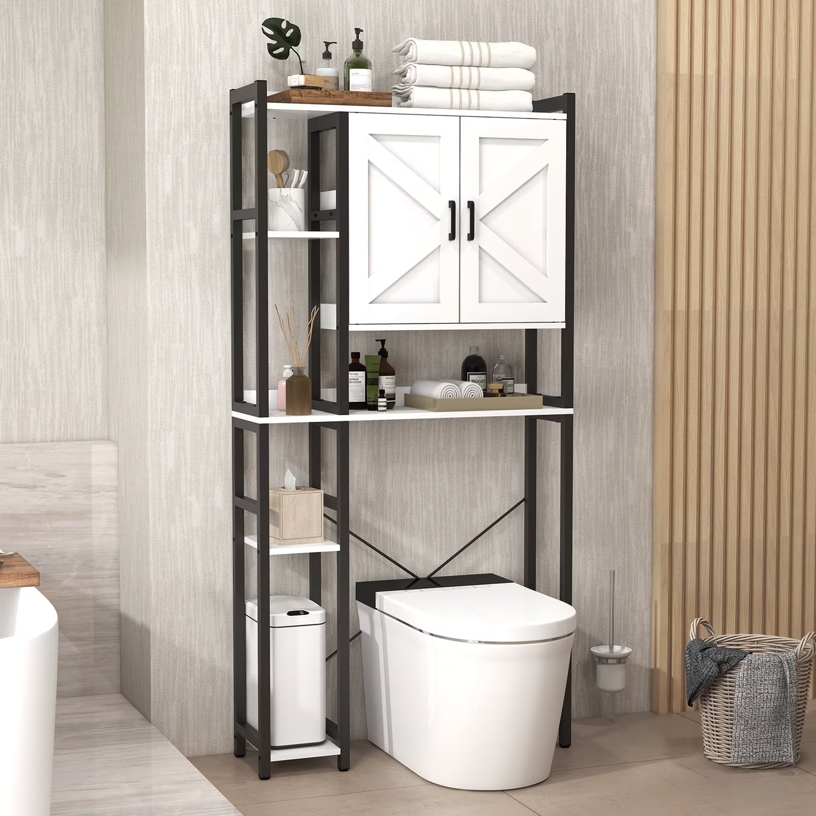 JOIVI Over The Toilet Storage Cabinet, Over Toilet Bathroom Organizer with Adjustable Shelf and Double Doors, Home Space-Saving Toilet Rack, White