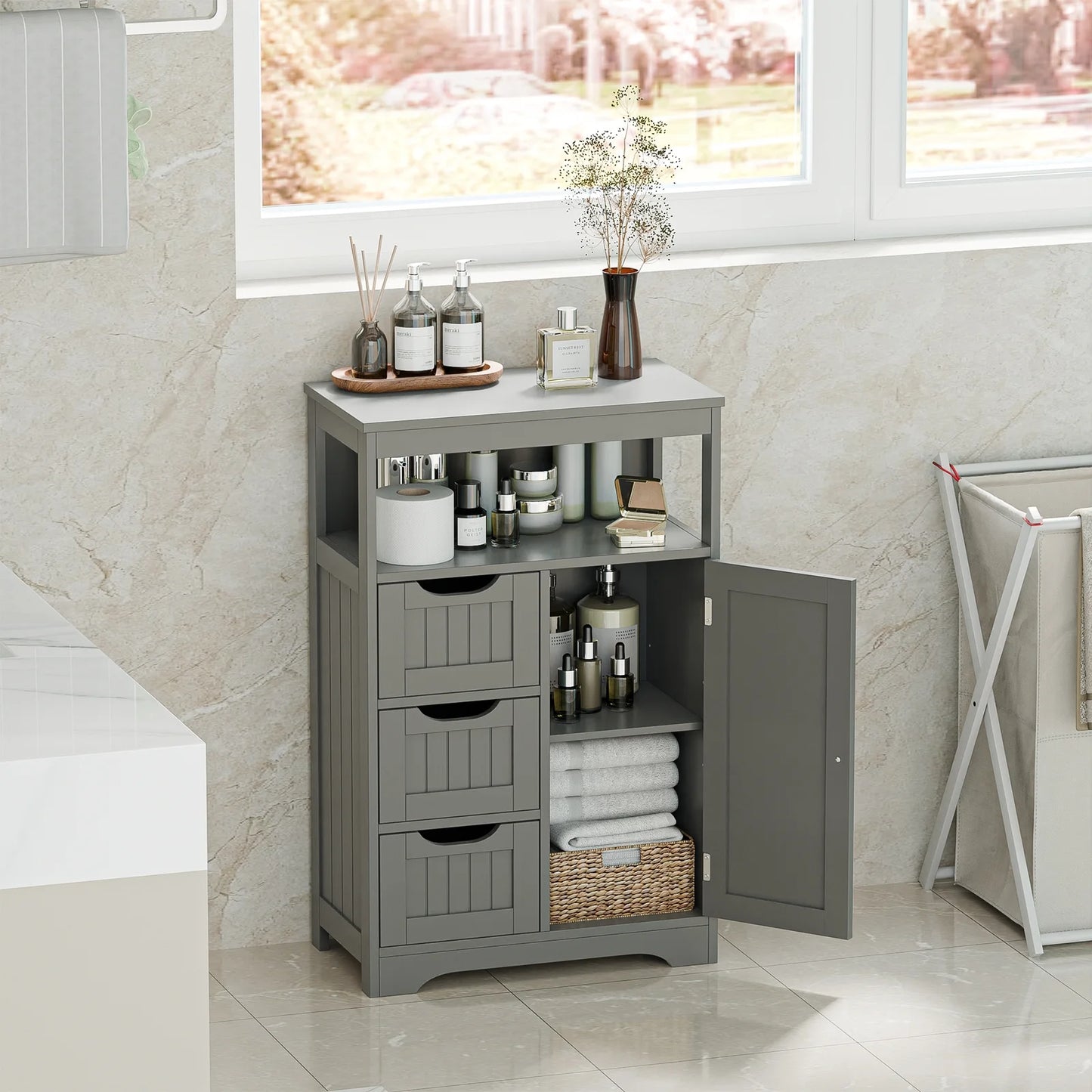 CZMDZH Wooden Bathroom Storage Cabinet with 3 Drawers and 1 Door, Free-Standing Toewels Cupboard for Entryway Living Room Home Furniture