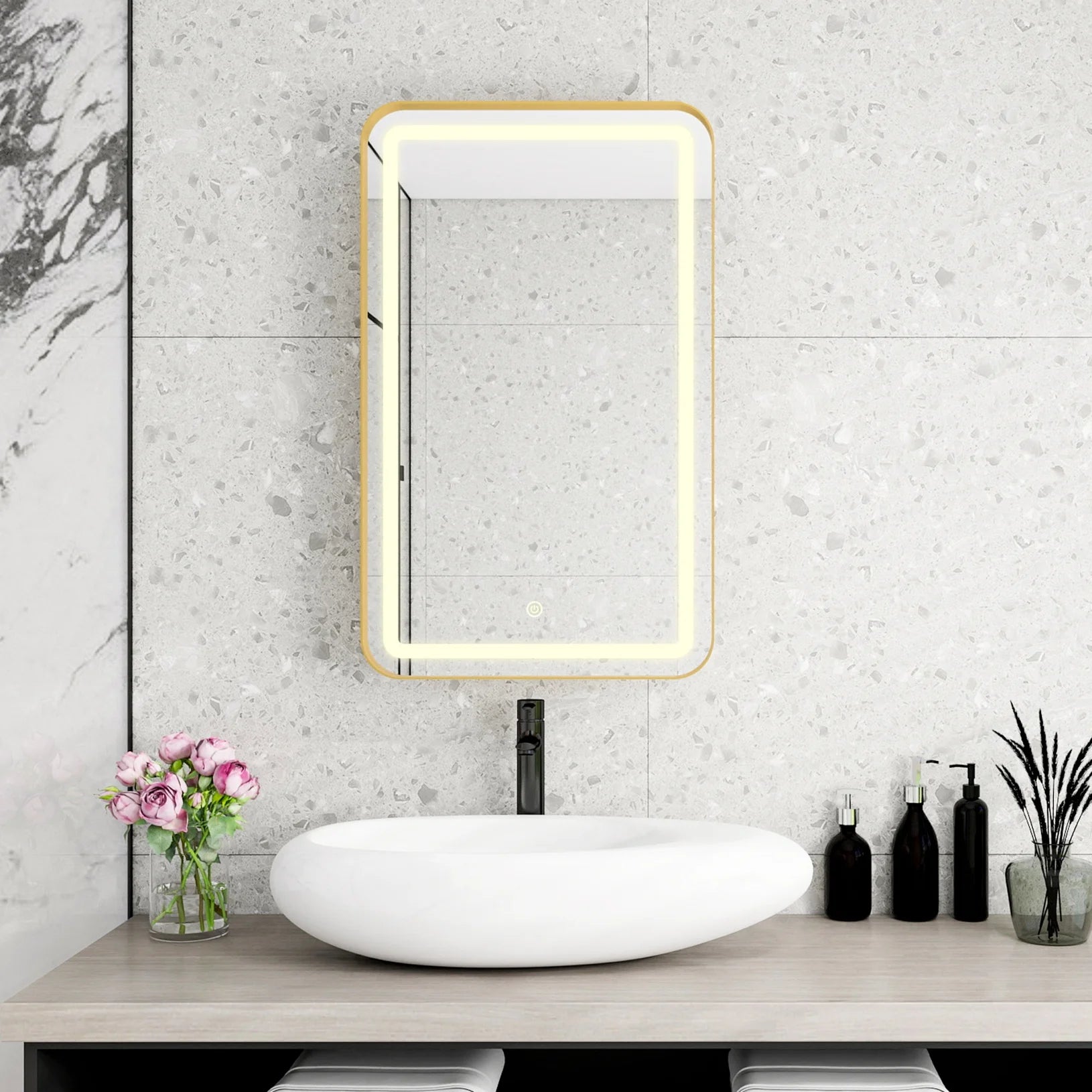 21x34 Inch Gold Medicine Cabinet with LED Mirror, Wall Mounted Bathroom Storage with Adjustable Glass Shelves, Recessed or Surface Mount Design