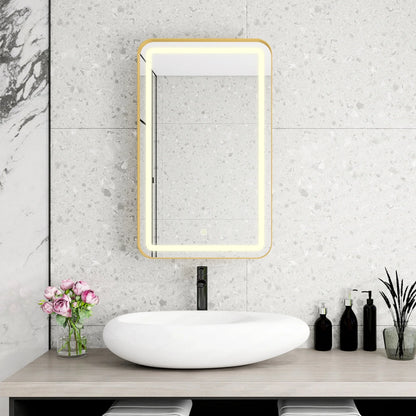 21x34 Inch Gold Medicine Cabinet with LED Mirror, Wall Mounted Bathroom Storage with Adjustable Glass Shelves, Recessed or Surface Mount Design