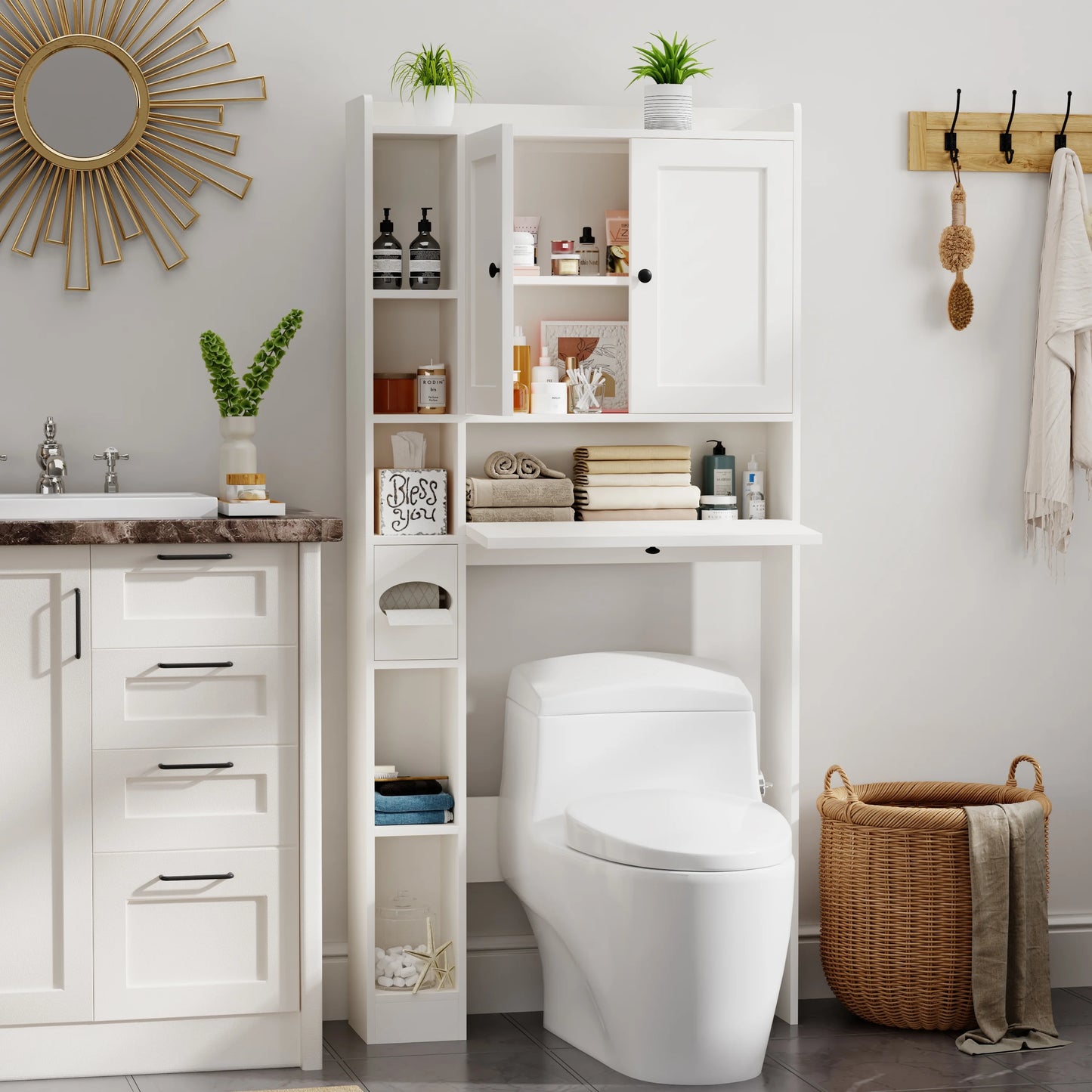Apeaka Over The Toilet Storage Cabinet,Bathroom Storage Cabinet with Wooden Doors,Bathroom Organizer Over-The-Toilet Cabinet(White)