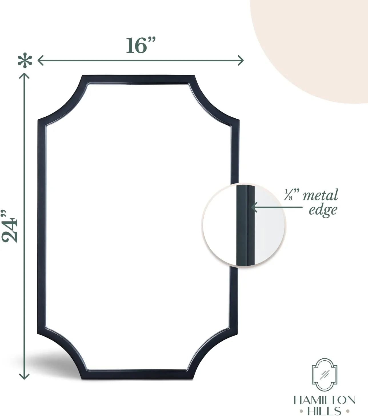 Hamilton Hills Black Metal Framed 16x24inch Scalloped Mirror | Decorative Wall Mirrors | Brass Bathroom Vanity Hanging | Horizontal & Vertical