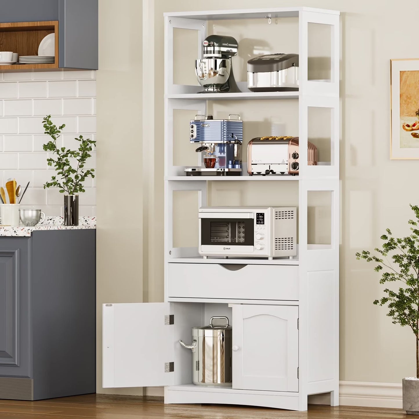 Sideboard Storage Cabinet with Drawer&Shelves, Kitchen Pantry Storage Cabinet with Microwave Space&Cupboard, Modern Freestanding Floor Bathroom Cabinet/Bookshelf for Home Office, White
