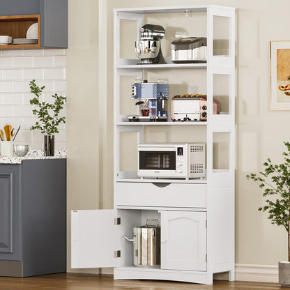 Sideboard Storage Cabinet with Drawer&Shelves, Kitchen Pantry Storage Cabinet with Microwave Space&Cupboard, Modern Freestanding Floor Bathroom Cabinet/Bookshelf for Home Office, White