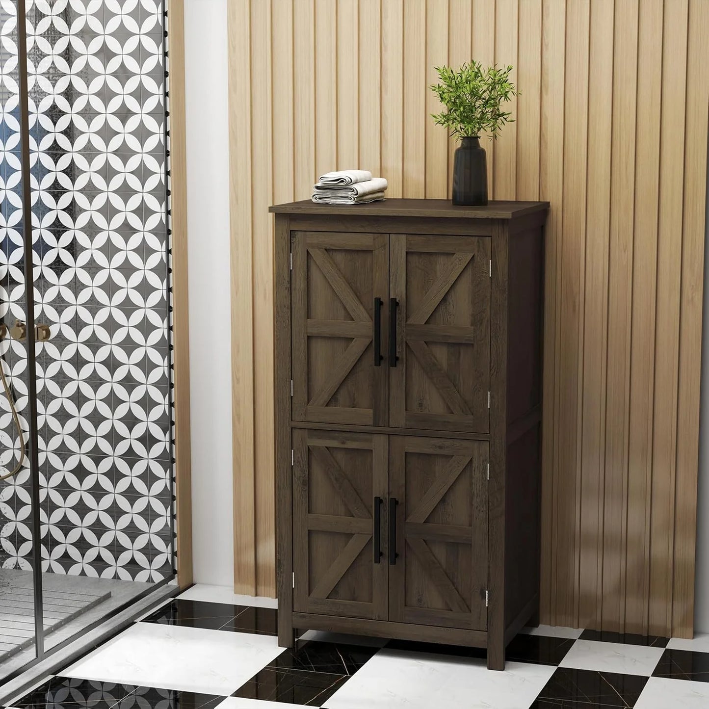 ZIRAV Farmhouse Bathroom Storage Cabinet with 4 Barn Doors, Bathroom Floor Cabinet with 2 Adjustable Shelf, Freestanding Storage Cupboard, White