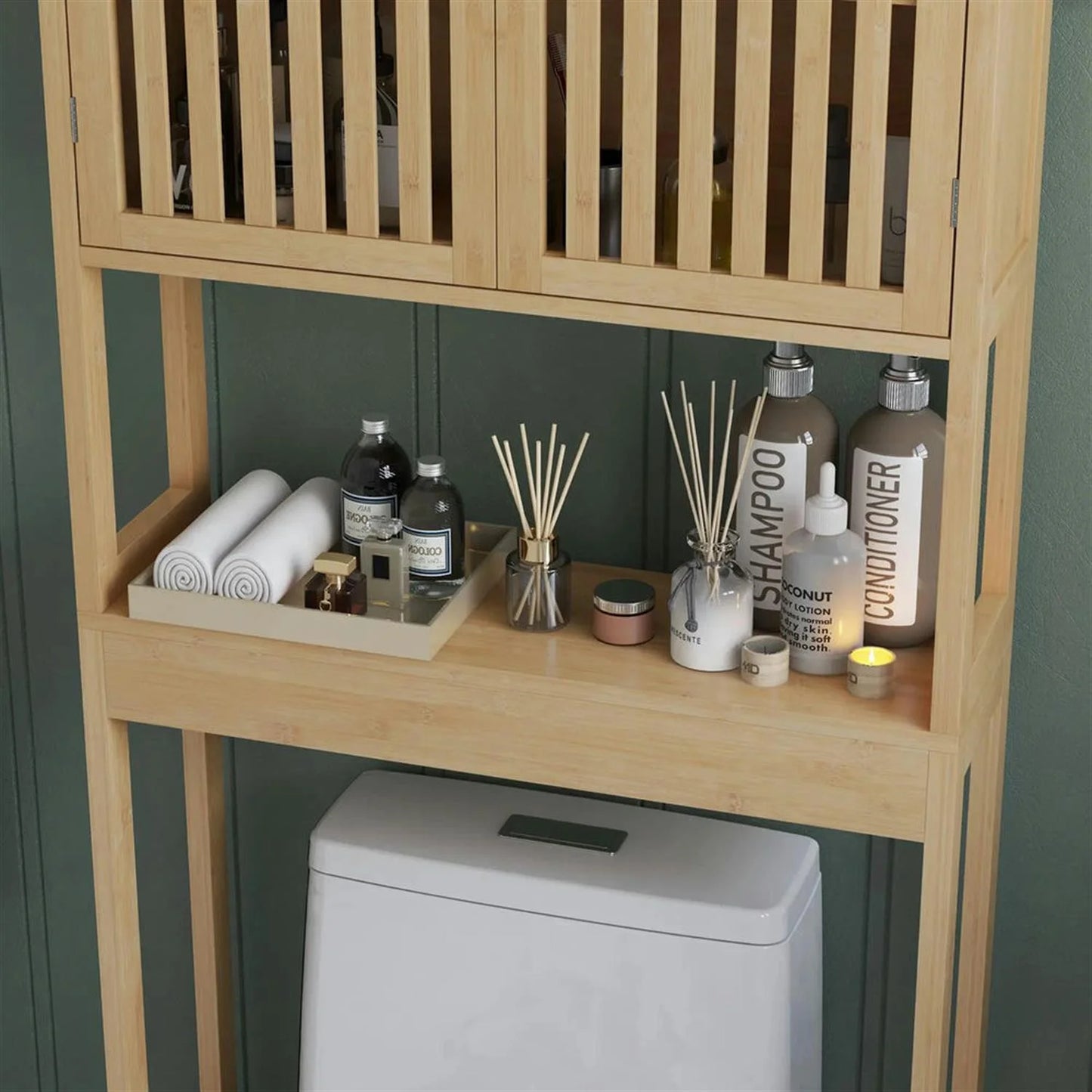Finihen 67" Bamboo Over The Toilet Storage Cabinet with Adjustable Shelves, Bathroom Shelf Over Toilet Rack, Bathroom Storage Cabinet Organizer, Brown