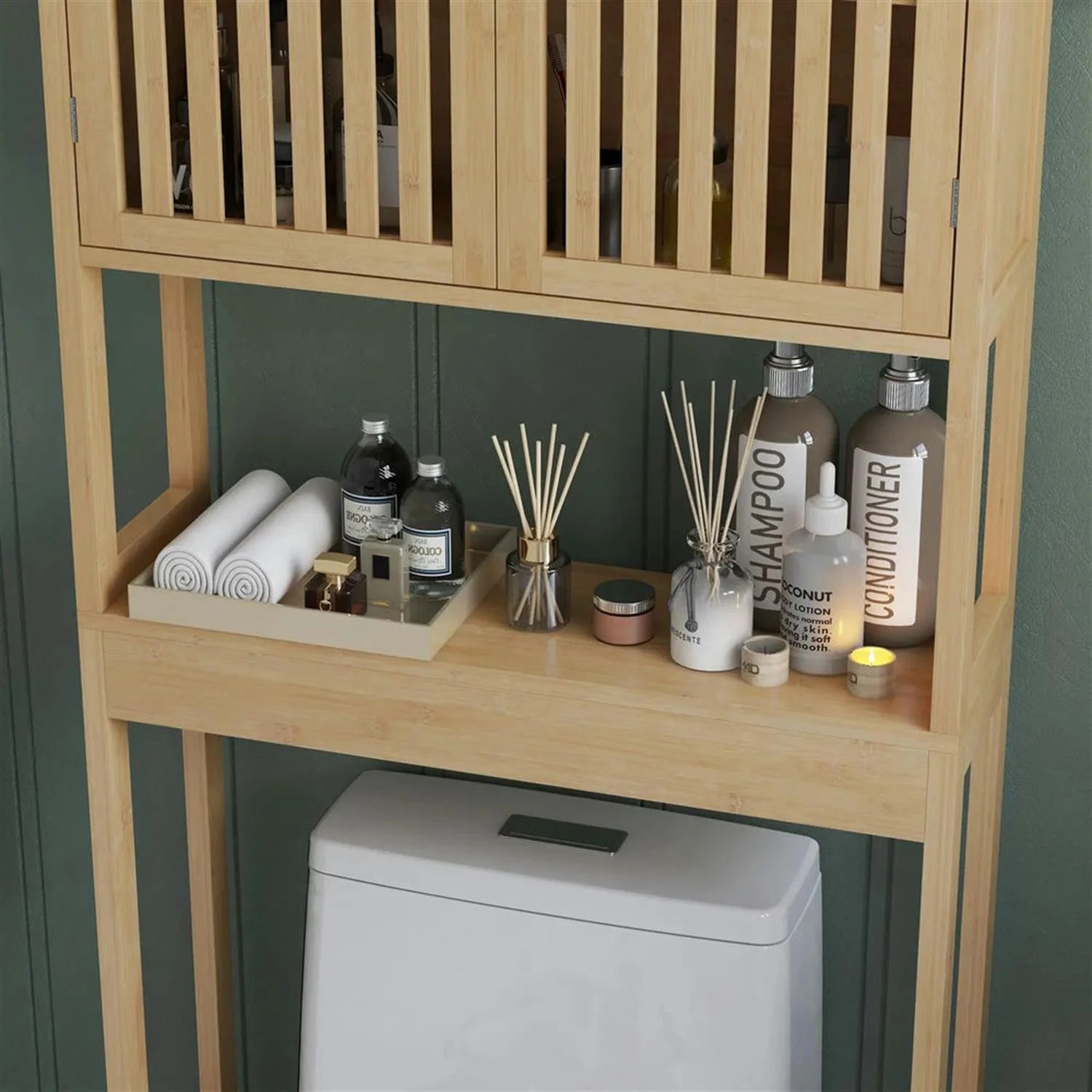 Finihen 67" Bamboo Over The Toilet Storage Cabinet with Adjustable Shelves, Bathroom Shelf Over Toilet Rack, Bathroom Storage Cabinet Organizer, Brown