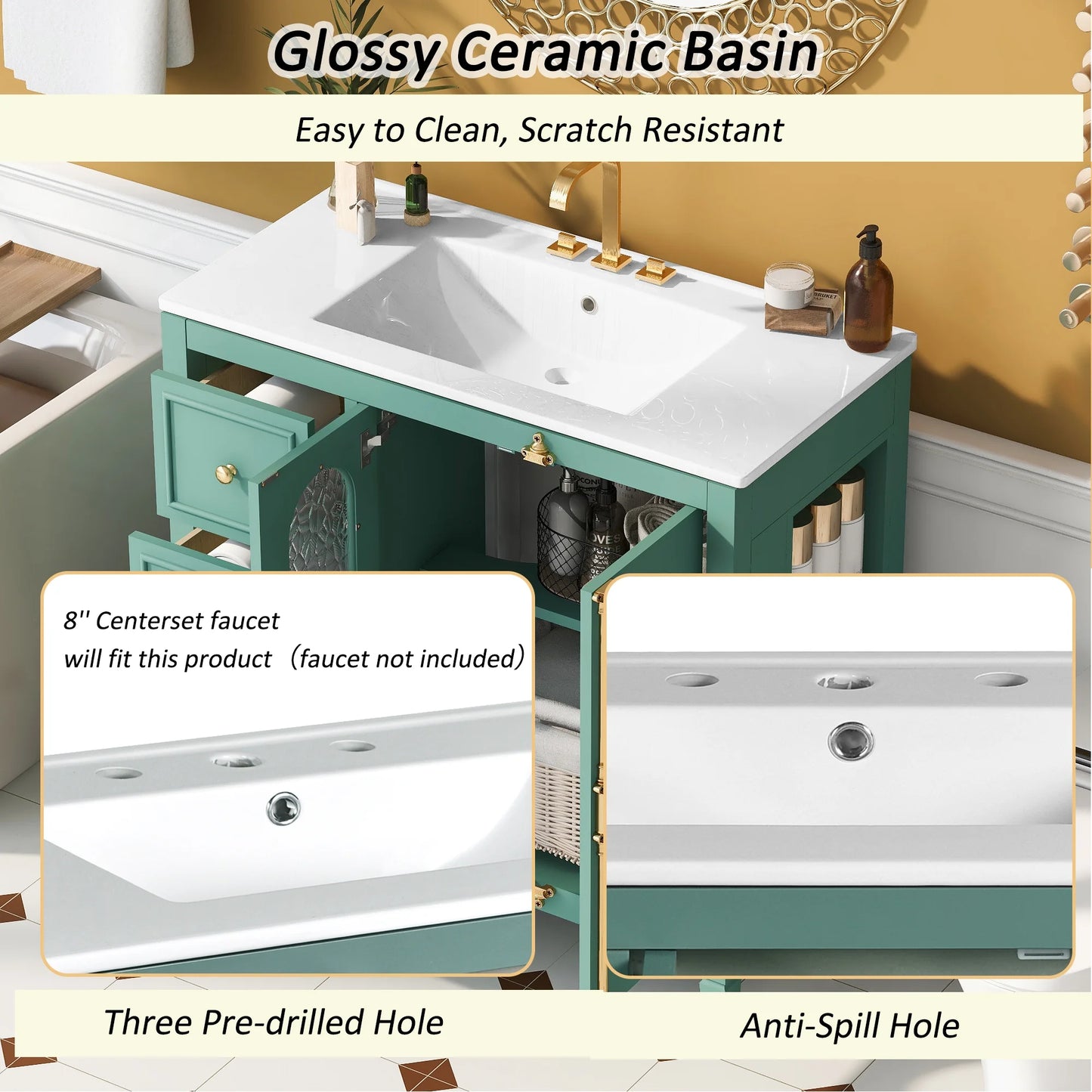 Euroco 36-inch Bathroom Vanity with 2 Soft Close Doors, Solid Wood Frame Modern Bathroom Storage Cabinet with 3 Drawers
