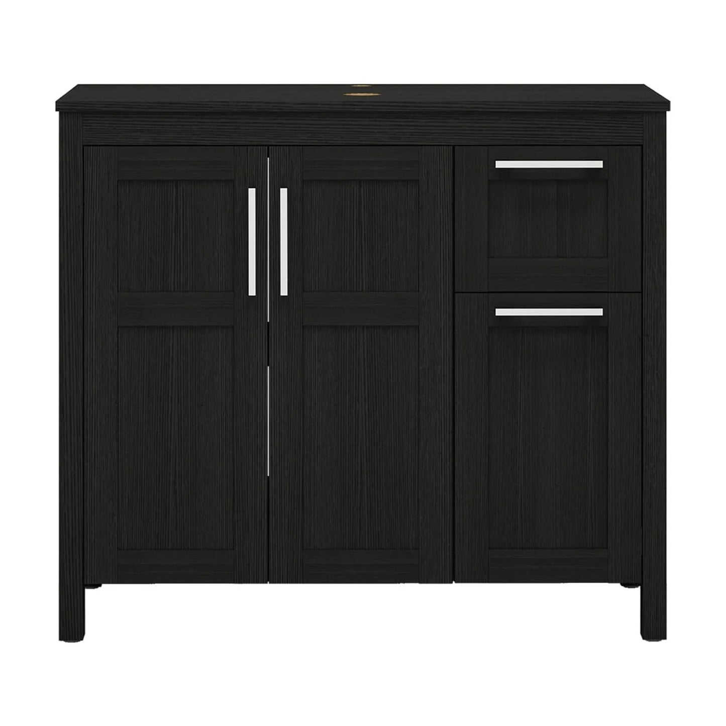 PULUOMIS 36 Inches Bathroom Vanity in Black Finish with Glass Boat-Shaped Vessel Sink, Single Bathroom Vanity with Top, 2-Door Cabinet and 2 Drawers