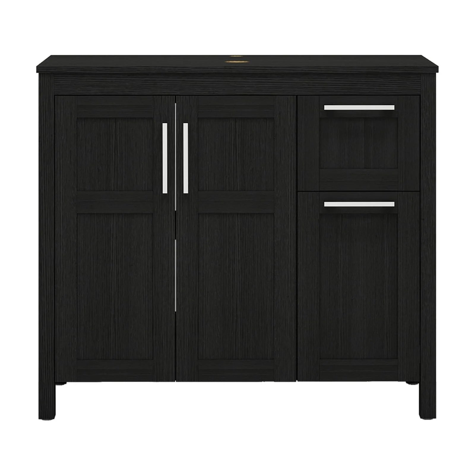 PULUOMIS 36 Inches Bathroom Vanity in Black Finish with Glass Boat-Shaped Vessel Sink, Single Bathroom Vanity with Top, 2-Door Cabinet and 2 Drawers