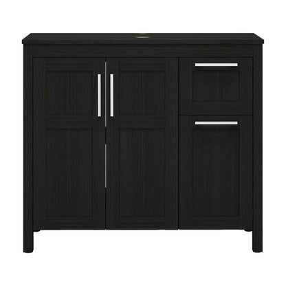 PULUOMIS 36 Inches Bathroom Vanity in Black Finish with Glass Boat-Shaped Vessel Sink, Single Bathroom Vanity with Top, 2-Door Cabinet and 2 Drawers