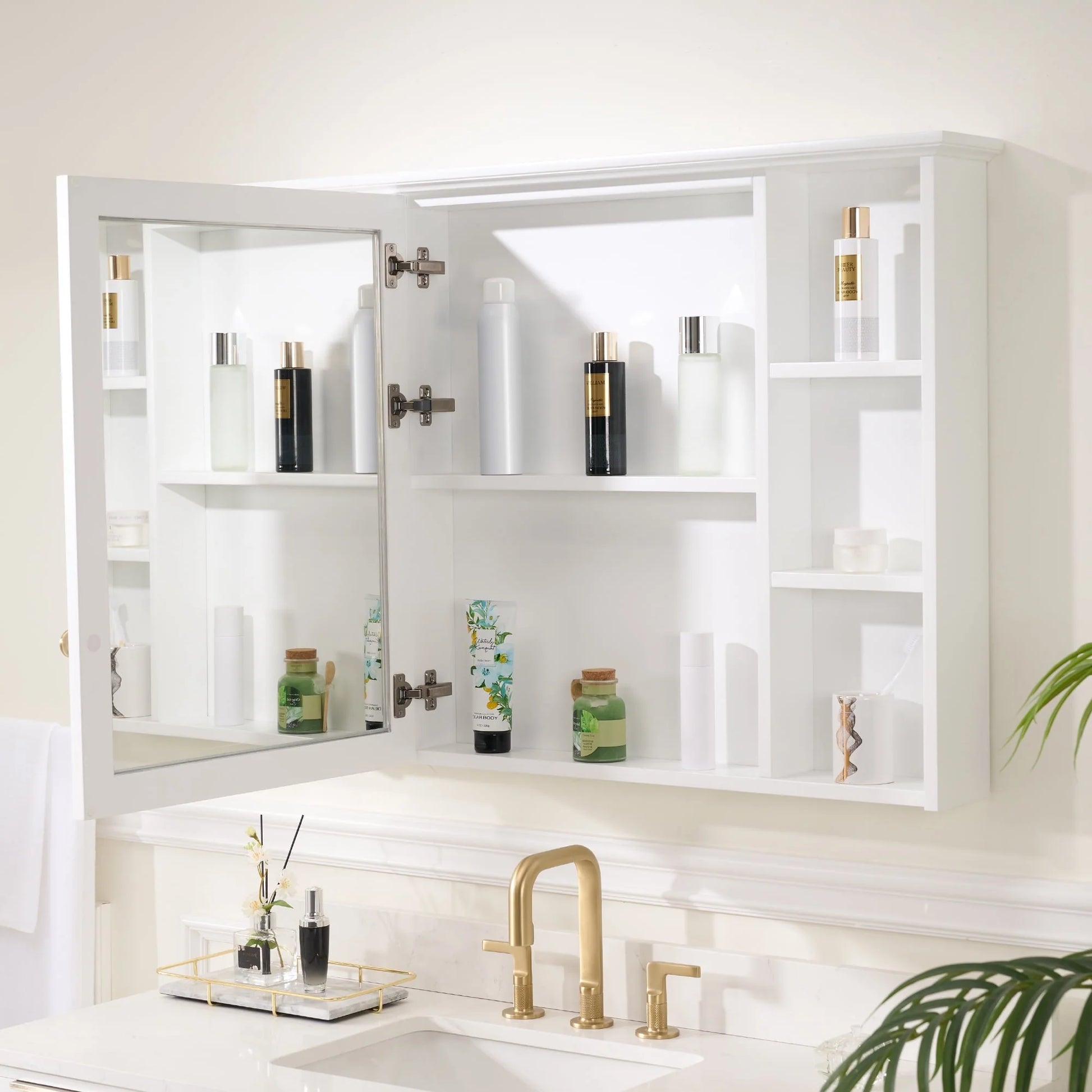 Forclover 42"x 30" Wall Mounted Mirrored Medicine Cabinet for Bathroom, 6 Tier Wood Mirror Cabinet Storage with 1 Soft-close Door, Bathroom Accessory, White
