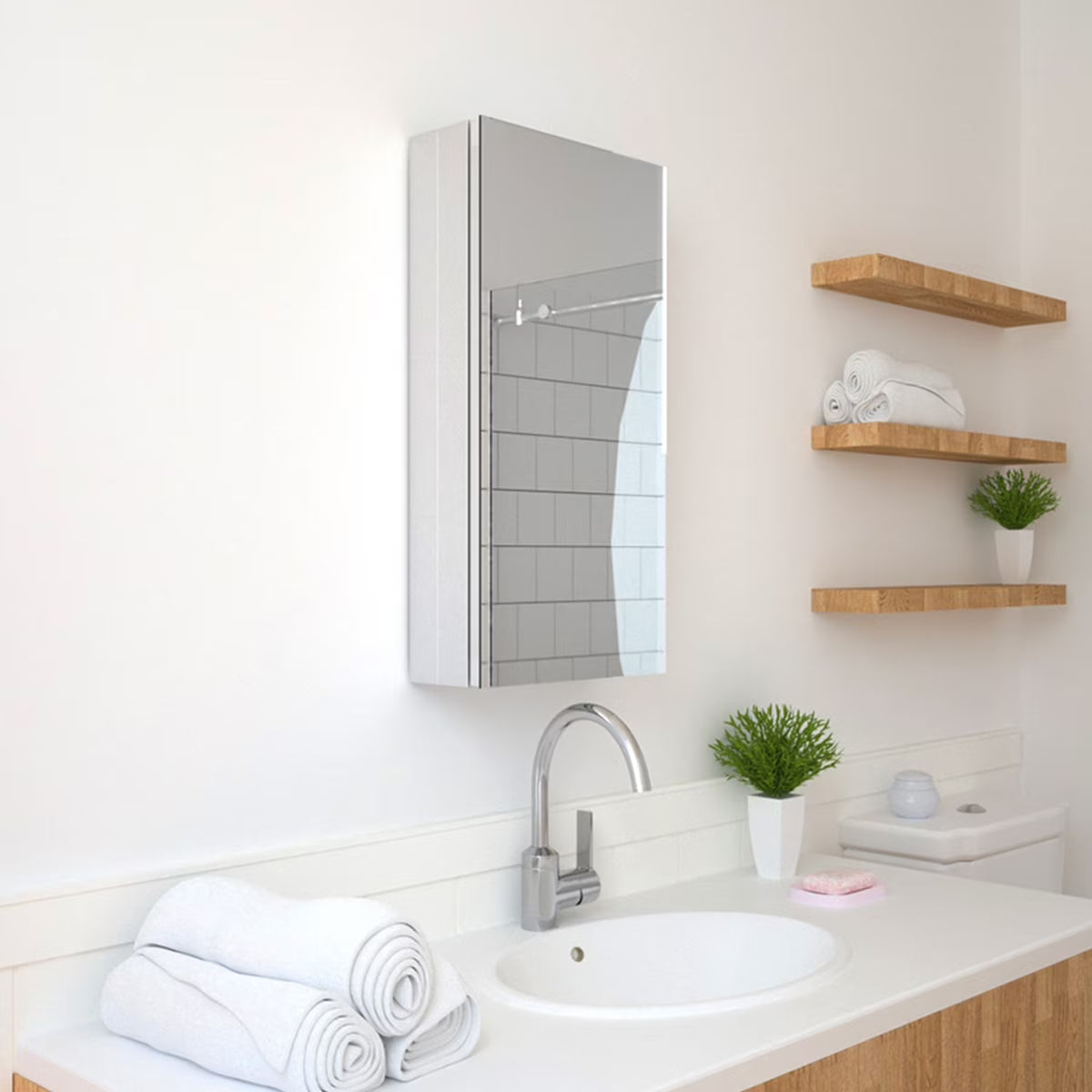 12 in. x 24 in. Frameless Recessed or Surface-Mount Beveled Single Mirror Bathroom Medicine Cabinet