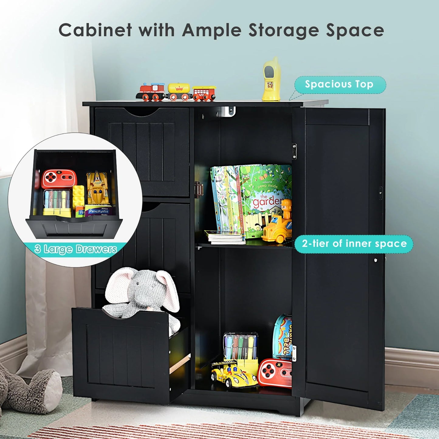 Costway Bathroom Floor Cabinet Side Storage Cabinet with 3 Drawers and 1 Cupboard Black