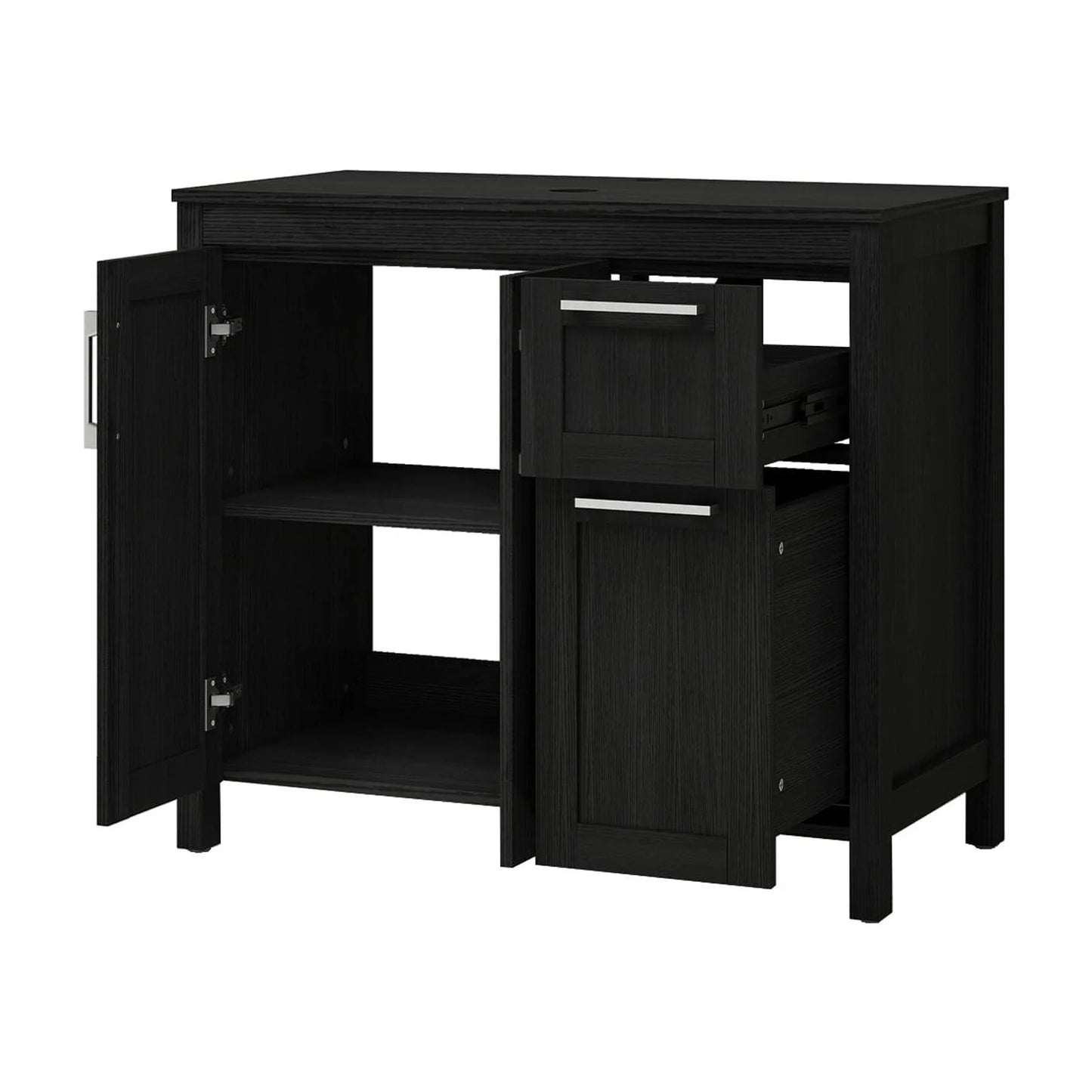 PULUOMIS 36 Inches Bathroom Vanity in Black Finish with Glass Boat-Shaped Vessel Sink, Single Bathroom Vanity with Top, 2-Door Cabinet and 2 Drawers