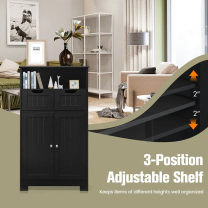 Spaco Bathroom Wooden Side Cabinet with 2 Drawers and 2 Doors-Black, Bathroom Storage Cabinet for Entryway Storage, Home Office Furniture