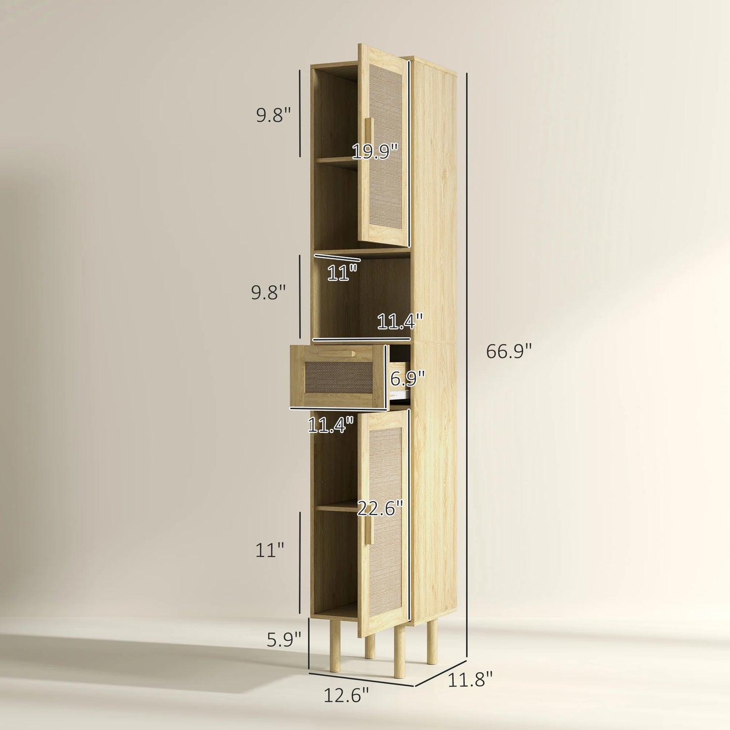 HOMCOM Tall Bathroom Storage Cabinet with Rattan Doors, Distressed Oak