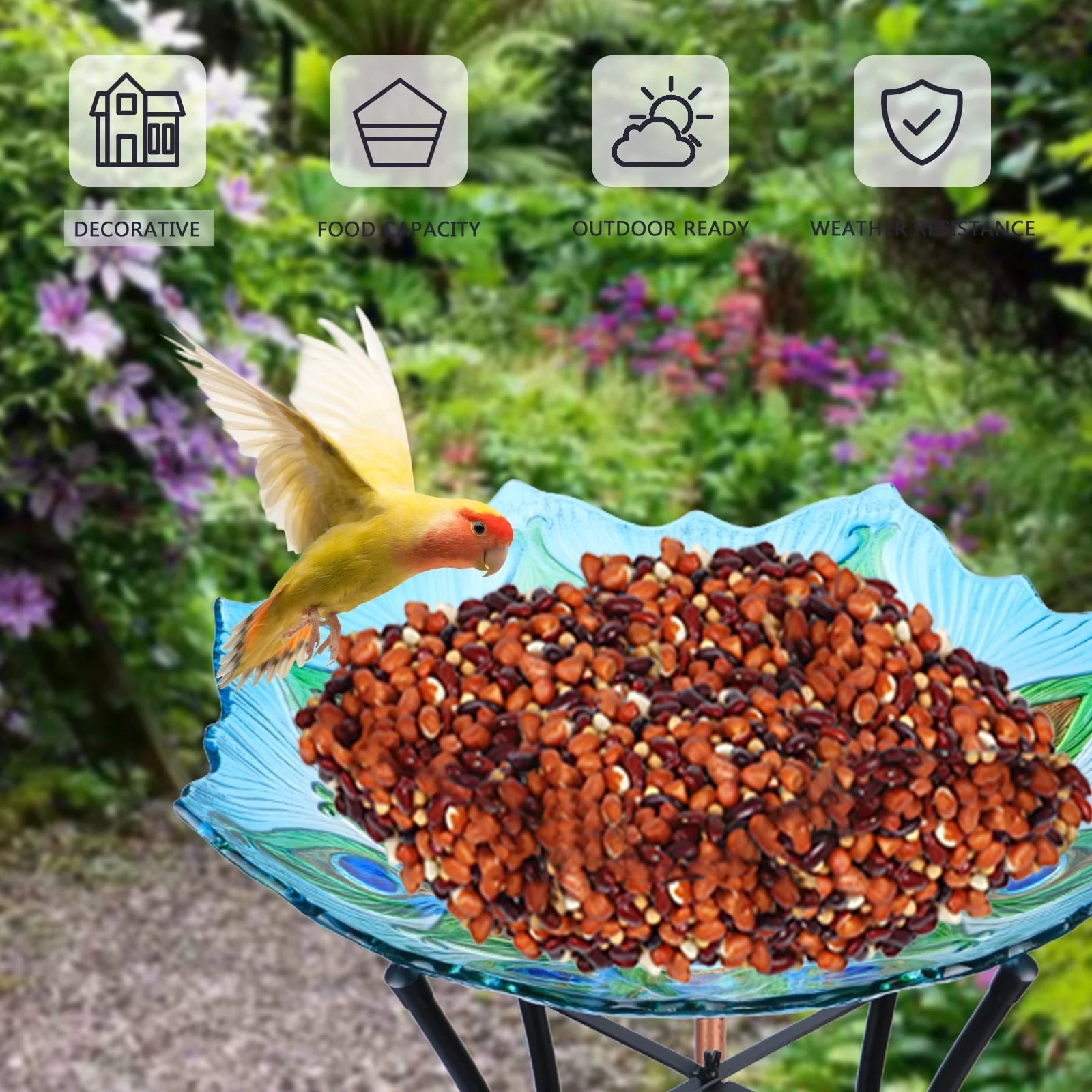 Outdoor Bird Bath with Metal Stand, 21.65" H Peacock Glass Birdbaths with Solar Light for Lawn Yard Garden Decor, 18" Dia