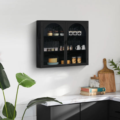 Two-door Wall Cabinet, Modern Kitchen Wall Mounted Cabinet with 2 Glass Doors, Two-tier Enclosed Storage, an Open Shelf, Towel Rack, Metal Wall Cabinet for Entryway, Living Room, Bathroom, White