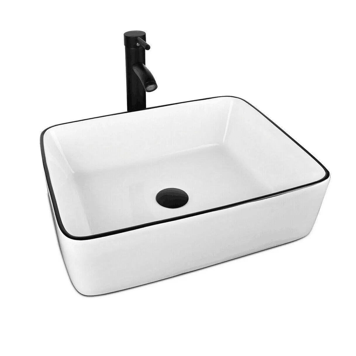 FULLWATT Bathroom Ceramic Sink Vanity Vessel Basin Porcelain Faucet Drain Combo Rectangle,White