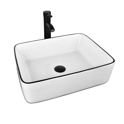 FULLWATT Bathroom Ceramic Sink Vanity Vessel Basin Porcelain Faucet Drain Combo Rectangle,White