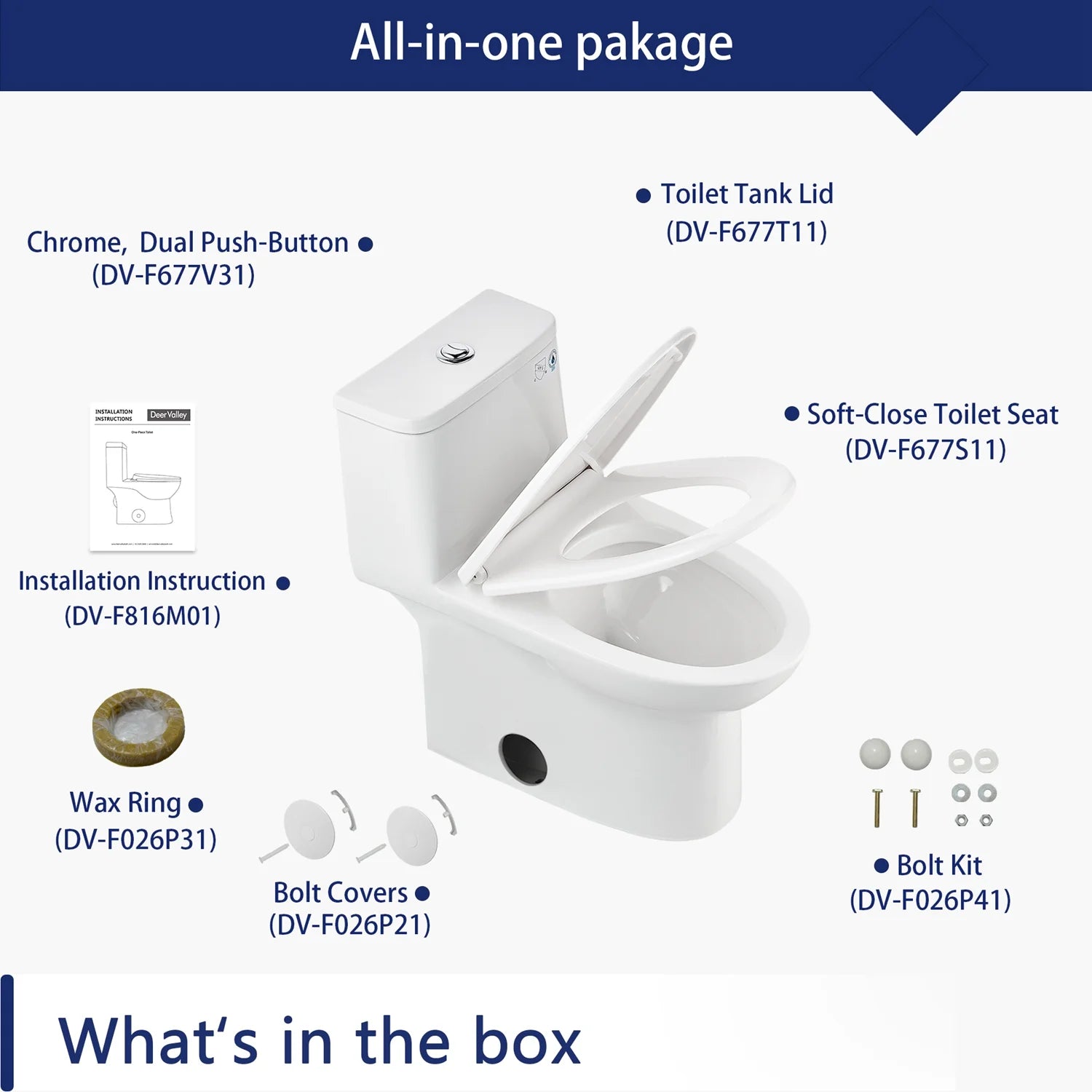DeerValley Ursa DV-1F52677 Elongated One-Piece Toilet Ceramic 0.8/1.28 GPF Dual Flush Bathroom Toilets