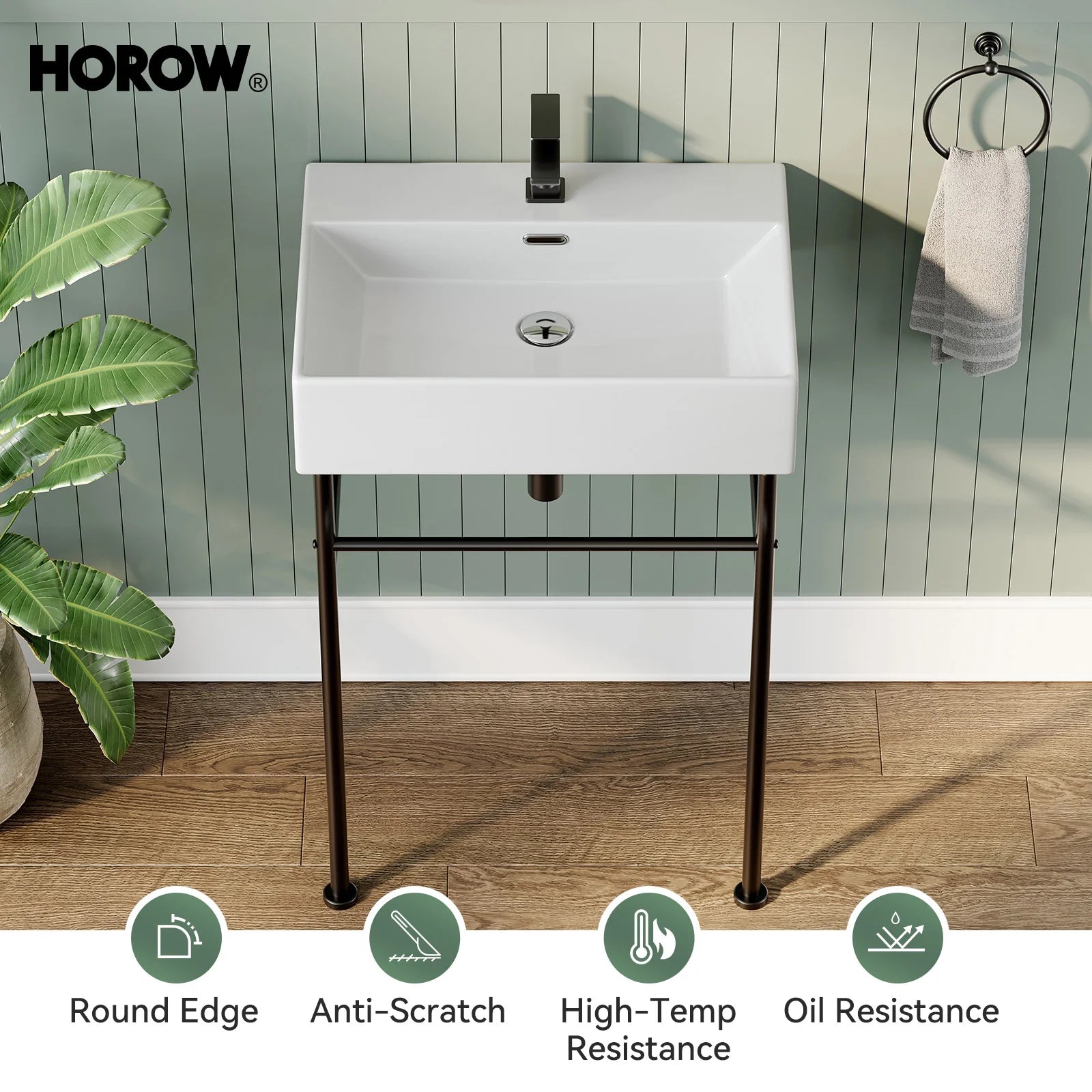 HOROW 24" Console Bathroom Sink,Free Standing 30 Inch Stainless Steel Support Pedestal Legs, Matte Black