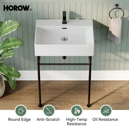 HOROW 24" Console Bathroom Sink,Free Standing 30 Inch Stainless Steel Support Pedestal Legs, Matte Black