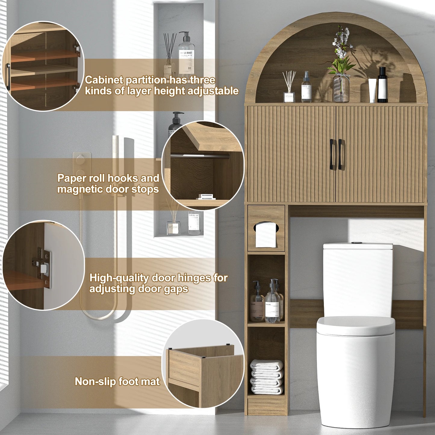HARIPUL Over The Toilet Storage Cabinet w/ Unique Wood Grain & Arc Design, Freestanding Bathroom Shelf Organizer Space Saver w/ Doors & Anti-Tip Device, Wood Color