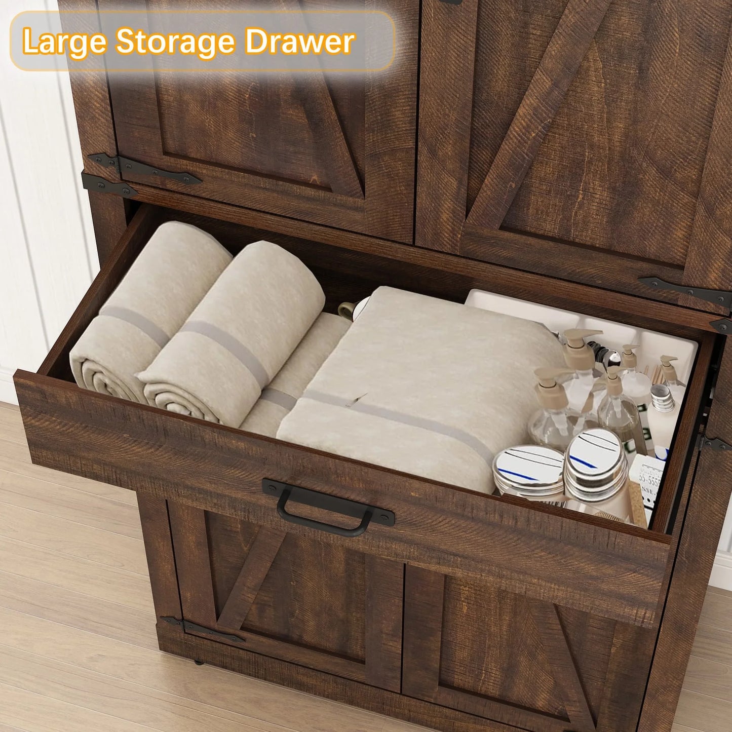 72.4'' Tall Bathroom Storage Cabinet with Drawer & 4 Storage Shelves, Rustic Farmhouse Linen Cabinet with Load-Bearing Steel Pipe & 4 Doors for Bedroom Living Room Kitchen Art/Craft Room