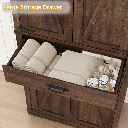 72.4'' Tall Bathroom Storage Cabinet with Drawer & 4 Storage Shelves, Rustic Farmhouse Linen Cabinet with Load-Bearing Steel Pipe & 4 Doors for Bedroom Living Room Kitchen Art/Craft Room