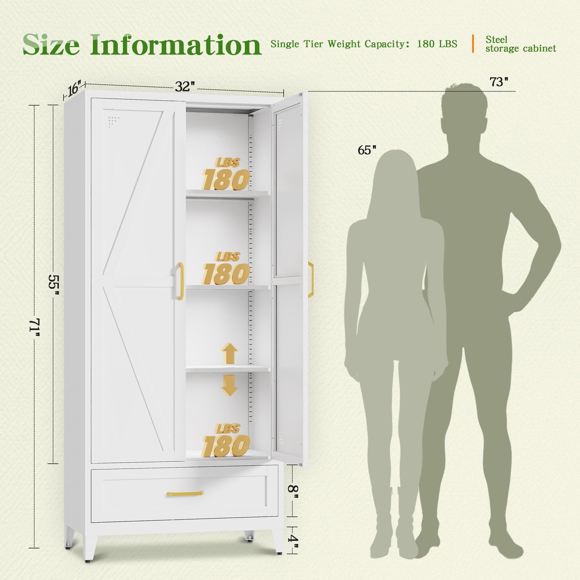 NadooLite 71"H White Metal Storage Cabinet with Adjustable Shelves, 2 Doors & 1 Drawers, Multi-Use Organizer for Garage,Dining,Bath,Laundry,Pantry