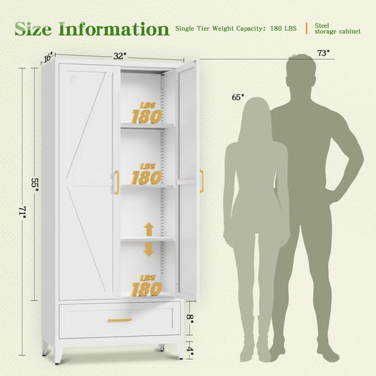 NadooLite 71"H White Metal Storage Cabinet with Adjustable Shelves, 2 Doors & 1 Drawers, Multi-Use Organizer for Garage,Dining,Bath,Laundry,Pantry